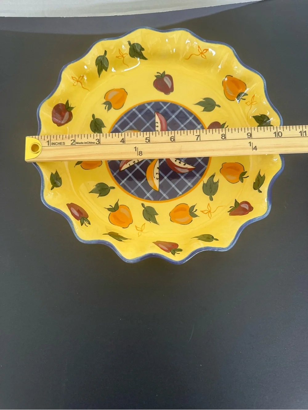 Hand-Painted Yellow and Blue Fruit Ceramic Serving Bowl